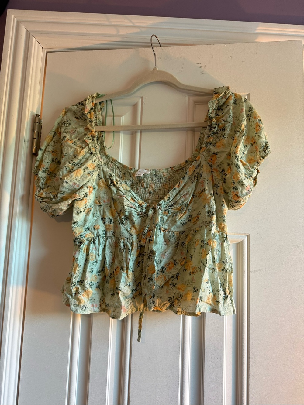 Le Lis Pale Green Floral Puff-Sleeve Tie-Front Top